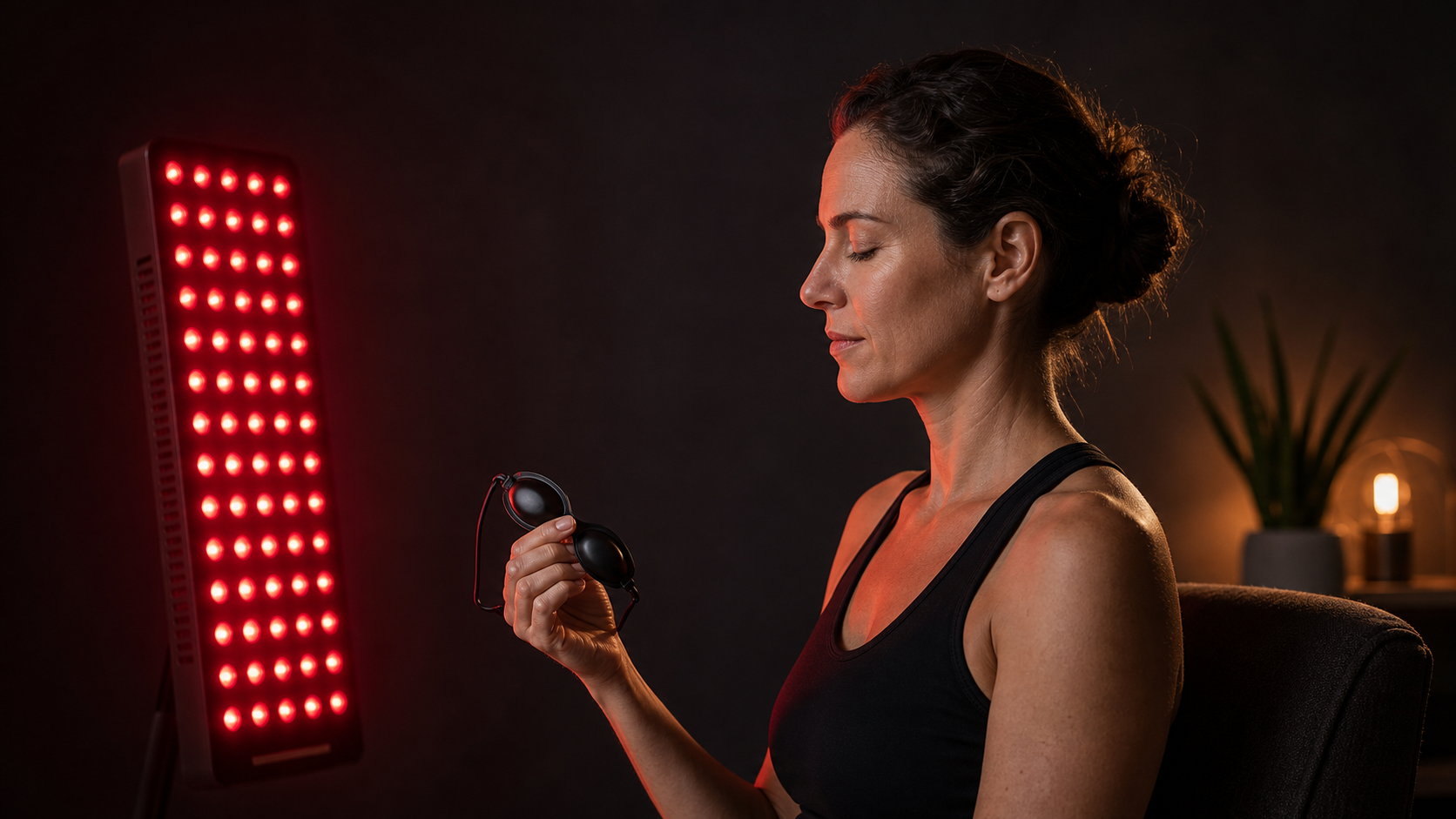 Woman with closed eyes holding black protective goggles beside a glowing red light therapy panel in a dark home recovery room