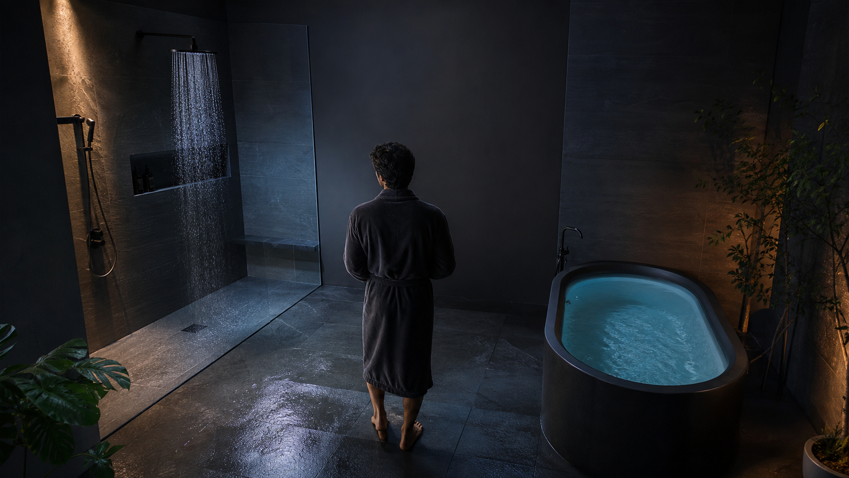 Beginner in a charcoal robe choosing between a running walk-in cold shower and a blue-water cold plunge tub in a dark recovery bathroom