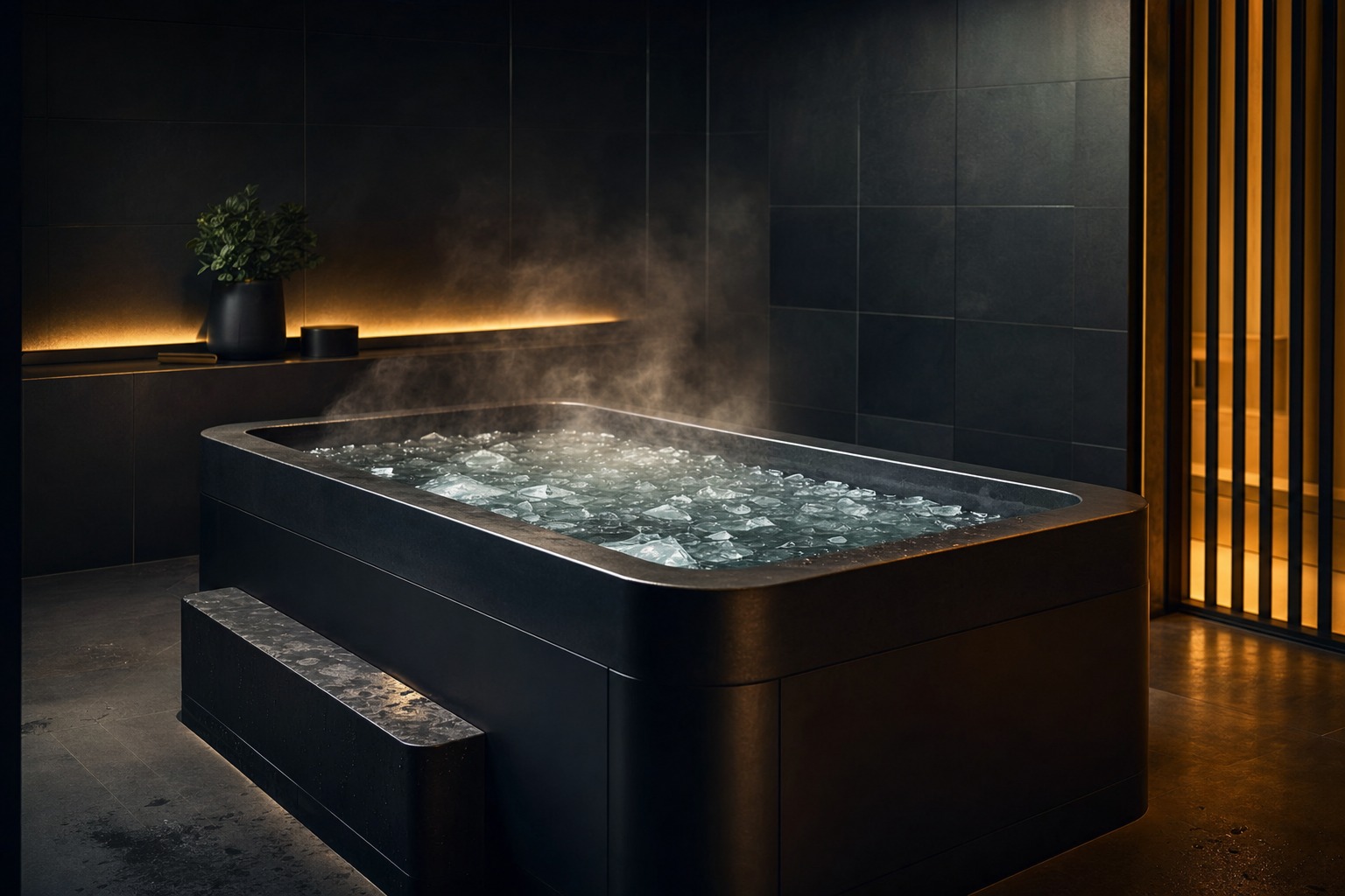 Modern cold plunge tub with mist rising in luxury dark-tiled spa