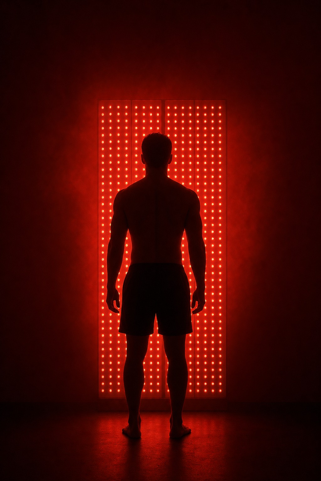 Person silhouette in front of red light therapy panel glowing deep crimson in dark room